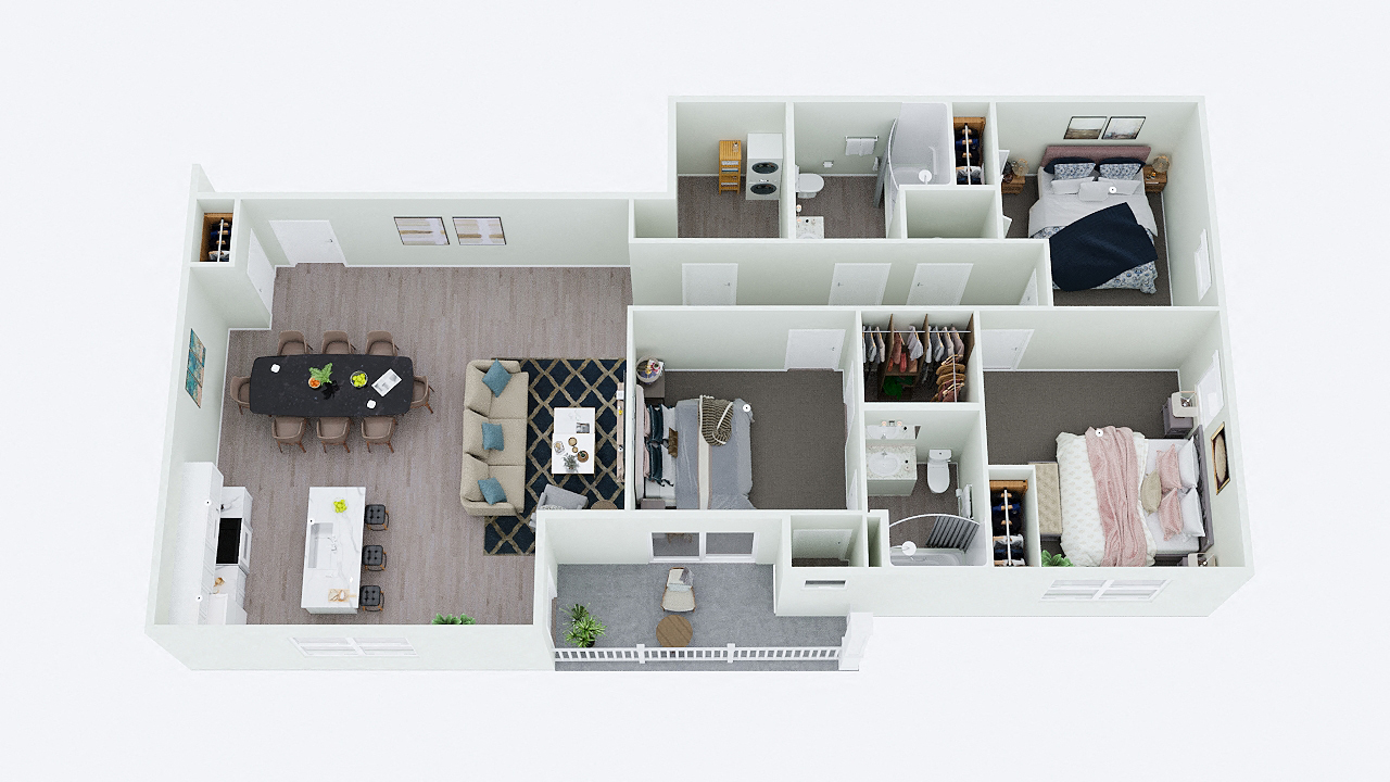 Floor plan for 3 beds, 2 baths, 1307 sqft